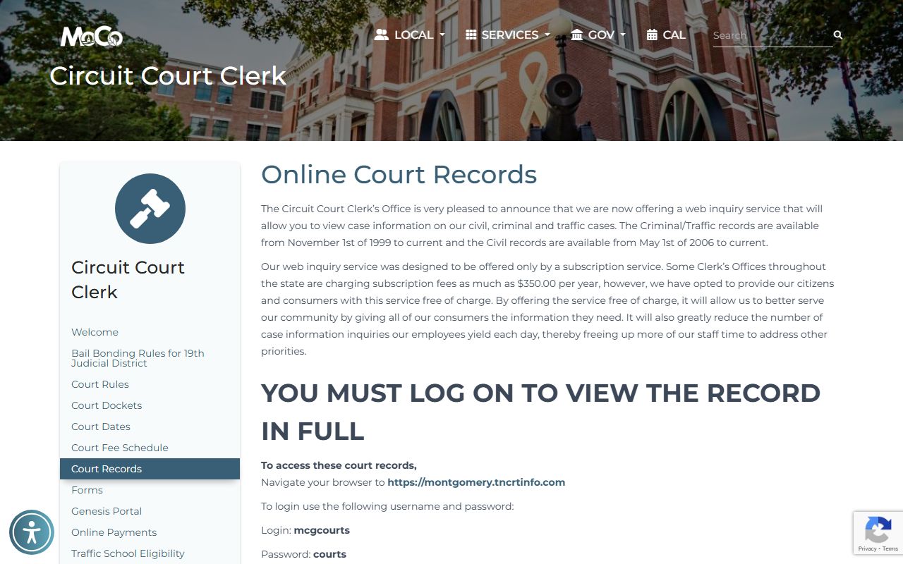 Clarksville court records online search page