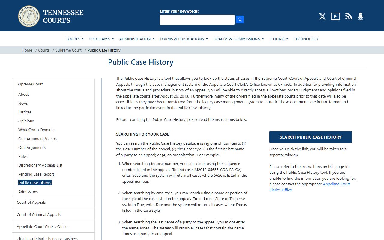 Tennessee Court Records appellate public case history database