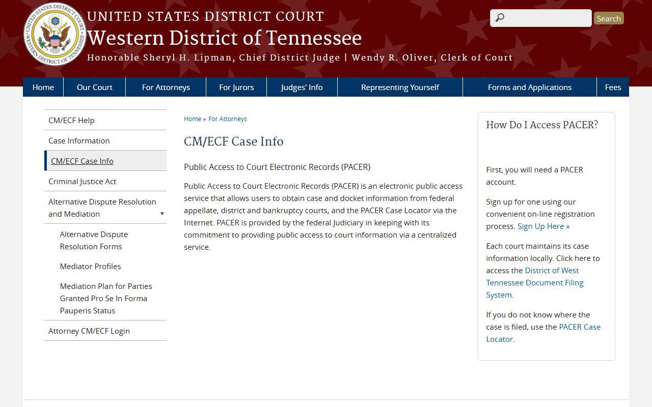 Western District Tennessee federal court records case information